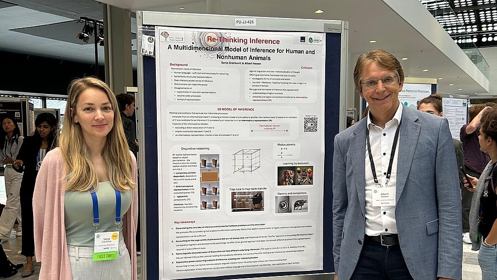 Albert Newen and his fellow Sanja Srećković present their joint research at a conference. On the right side of the presentation board, Albert Newen is wearing a blue jacket with a white shirt and dark khaki trousers. On the left, Sanja Srećković is wearing grey trousers, a green top, and a pink jacket.
