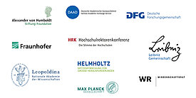 Logos der Mitglieder der Allianz der Wissenschaften: Alexander von Humboldt-Stiftung, der Deutsche Akademische Austauschdienst, die Deutsche Forschungsgemeinschaft, die Fraunhofer-Gesellschaft, die Helmholtz-Gemeinschaft Deutscher Forschungszentren, die Hochschulrektorenkonferenz, die Leibniz-Gemeinschaft, die Max-Planck-Gesellschaft, die Nationale Akademie der Wissenschaften Leopoldina und der Wissenschaftsrat.