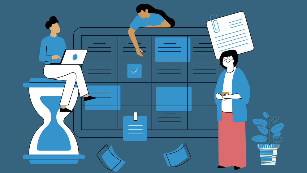 Drei Personen arbeiten mit Zeitmanagement: Eine nutzt einen Laptop, eine andere trägt Dokumente, eine dritte lehnt erschöpft zurück.