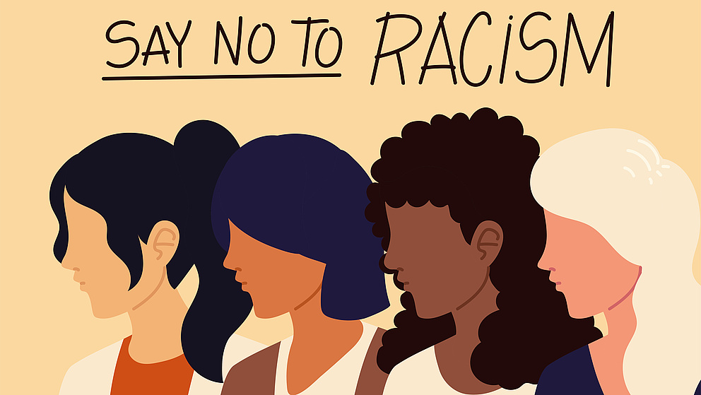 Illustration von vier Frauen verschiedener Ethnien, darüber der Text Say no to racism