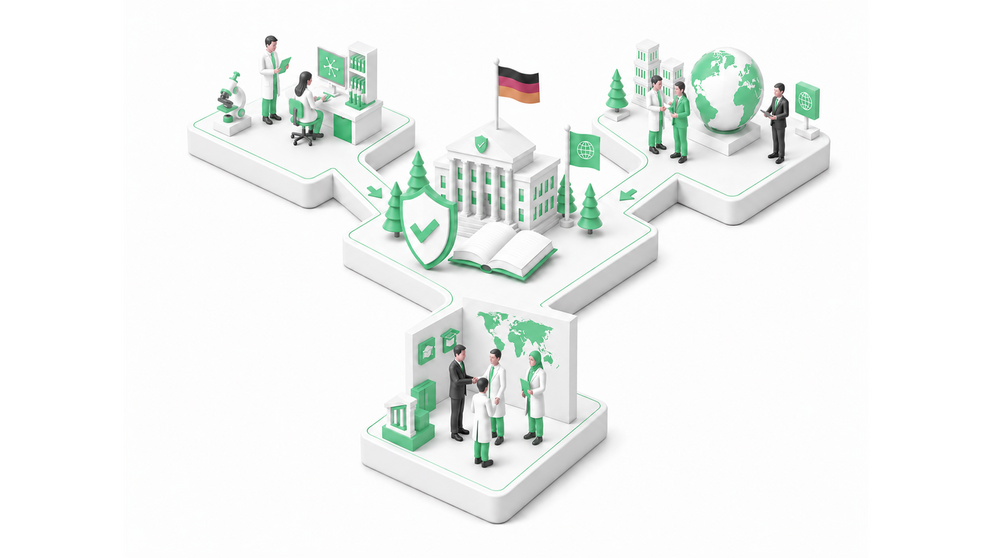 Illustration eines Zukunftsszenarios 'Werte als Wettbewerbsvorteil', Vernetzung von Politik und Forschung