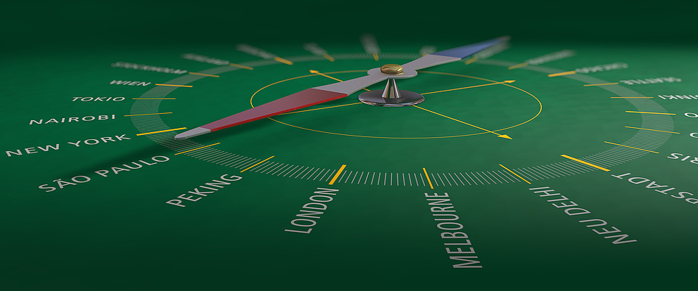 Kompassnadel mit internationalen Städtenamen - Symbolbild Feodor-Lynen-Stipendium