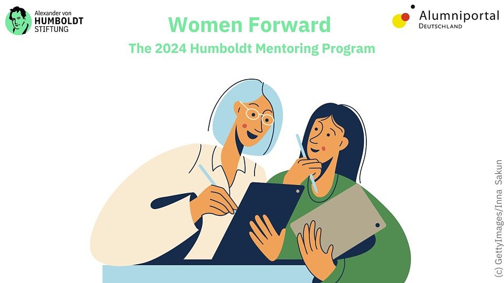 Illustration von zwei lächelnden Frauen mit Schreibbrettern und Stiften in der Hand. Über ihnen steht Women Forward. The 2024 Humboldt Mentoring Program. Ausserdem sind die Logos der Humboldt-Stiftung und des Alumniportal Deutschland zu sehen.