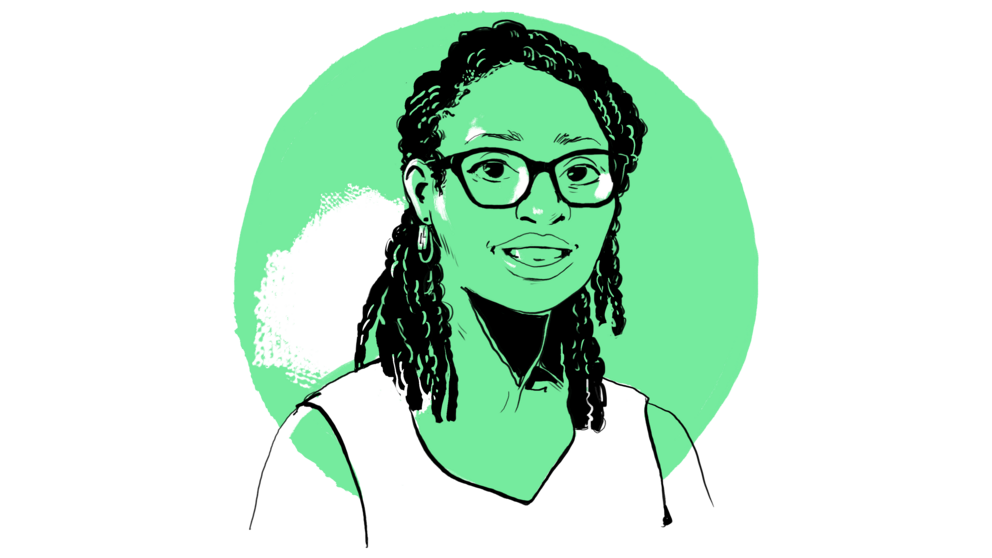 Die Illustration zeigt eine Frau mit einem offenen Lächeln, die in einem minimalistischen, grünen Design dargestellt ist.