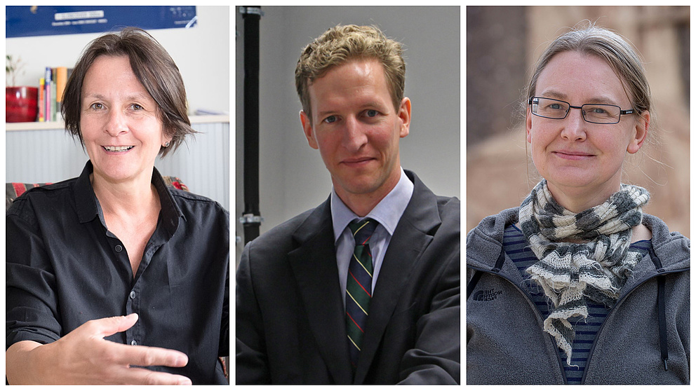 Collage mit Portraitfotos von Almuth Arneth, Peter Hommelhoff und Karen Radner