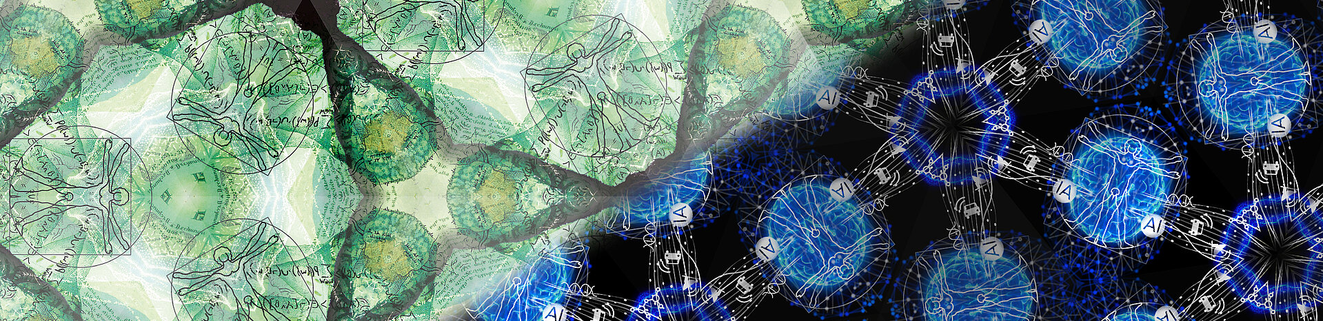 Grünes Muster mit Figuren, Symbolbild Humboldt-Professur und blau-schwarzes Muster mit Figuren, Symbolbild Humboldt-Professur für Künstliche Intelligenz
