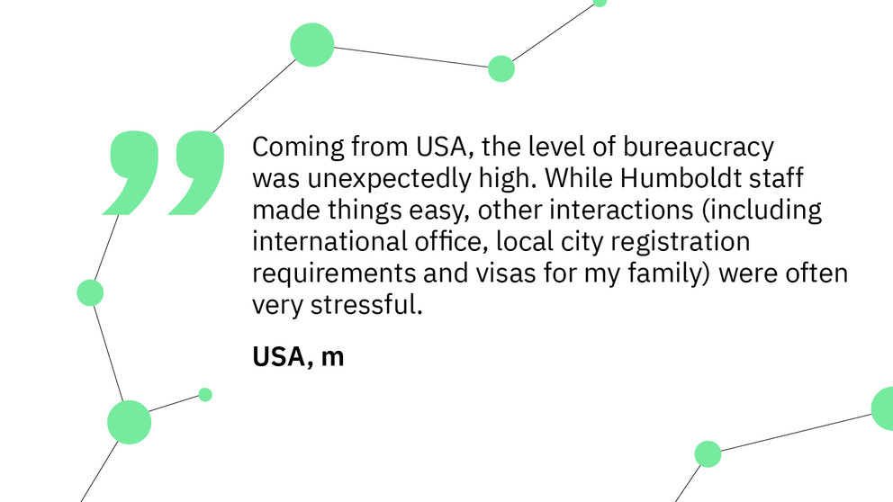 Quote:“Coming from USA, the level of bureaucracy was unexpectedly high. While Humboldt staff made things easy, other interactions (including international office, local city registration requirements and visas for my family) were often very stressful. – USA, m