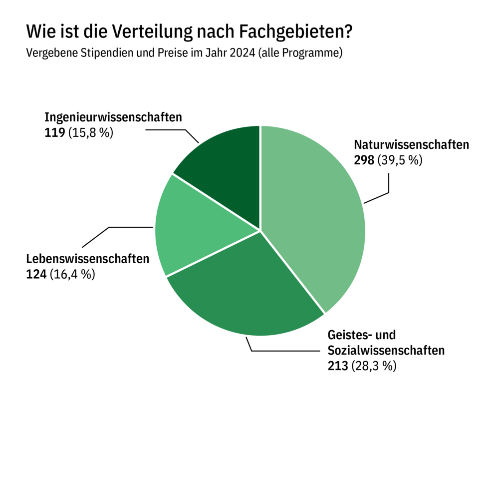 Kuchendiagramm, das die Verteilung der im Jahr 2024 vergebenen Stipendien und Preise nach Fachgebieten darstellt