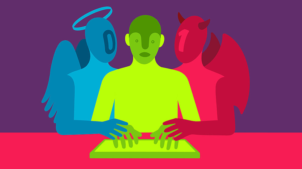 Symbolbild für Vor- und Nachteile künstlicher Intelligenz: Ein Mensch, zwischen einer Engels- und einer Teufelsfigur, berührt mit seinen Händen einen Tablet-PC.