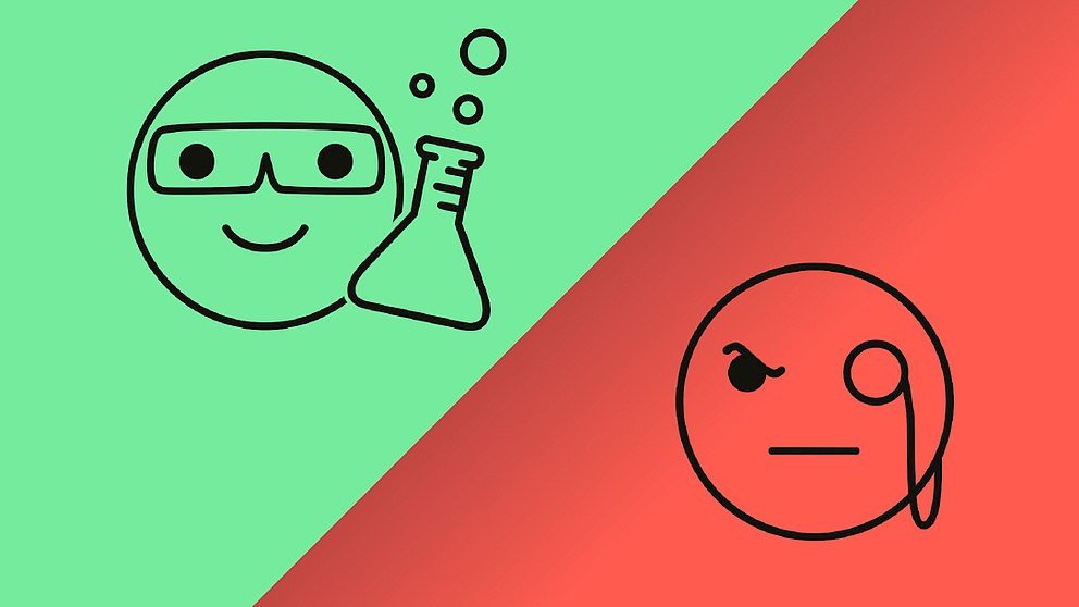 Visual: Comic-Zeichnung von zwei Köpfen auf rotem und grünem Hintergrund