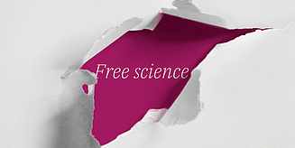 Die weiße Oberfläche hat einen Riss, der einen tiefroten Bereich mit der Botschaft 'Free science' zeigt.