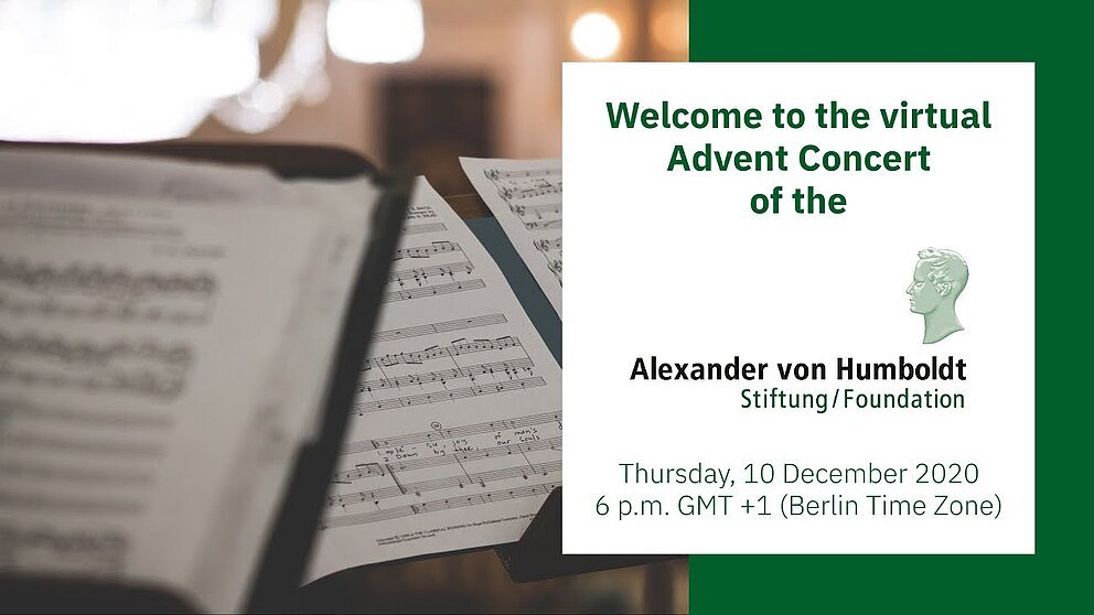 The Humboldt Foundation hosted its annual Advent Concert on 10 December 2020 - this year as a livestream event. The audience enjoyed live classical music and a review of the year with Secretary General Enno Aufderheide.